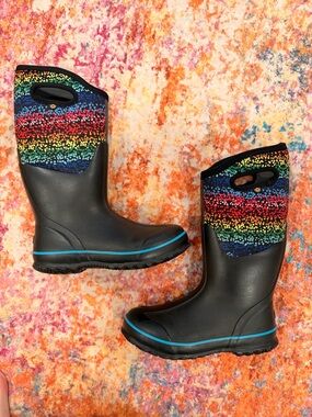Bogs Black Rain Boots with Rainbow Speckled Upper